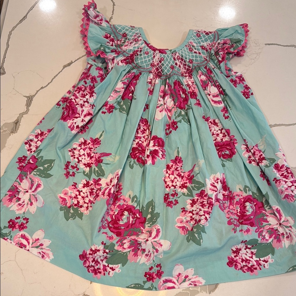 Smocked Auctions Floral Dress with Pink and Teal size 7